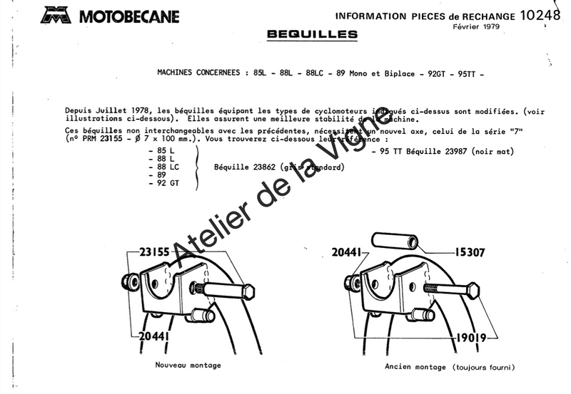 Motobécane - Béquilles pour 85L - 88L - 88LC - 89 Mono et Biplace - 92GT - 95TT