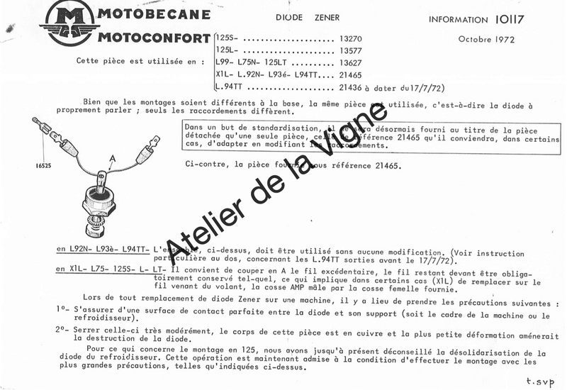 Motobécane - Diode Zener 125S - 125L - L99 -L75N - 125LT - L.94TT