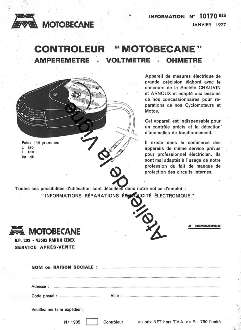 Motobécane - Notice d'emploi du contrôleur 1905 (Novembre 1976)