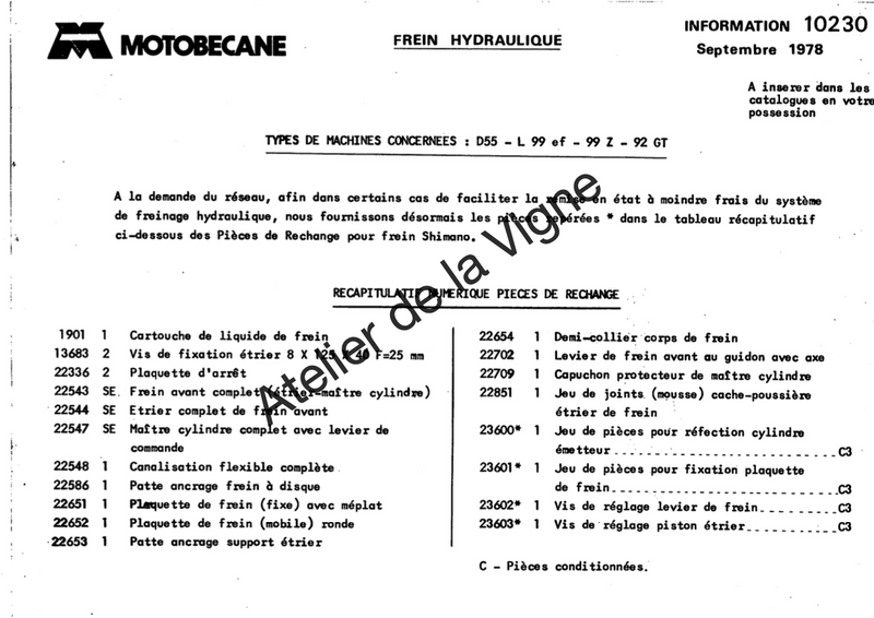Motobécane - Notice de réparation frein hydraulique à disque Modèles d55 - L99é F